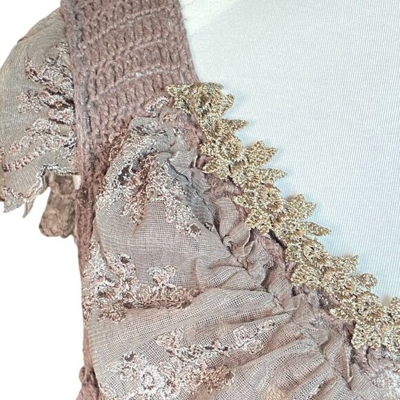Crochet Sleeveless Top 1X Deep Taupe/Mocha With Intricate Floral Accents At Neck - Picture 4 of 10